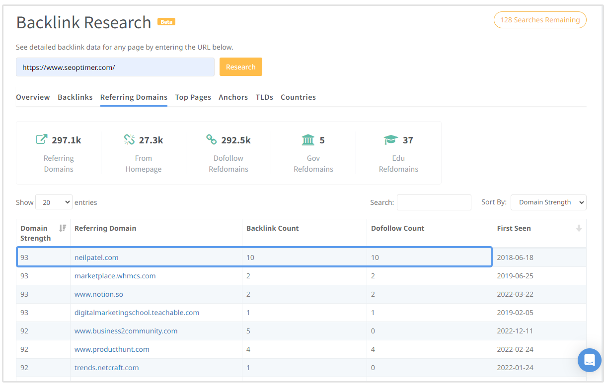 domini di riferimento e conteggio dei backlink